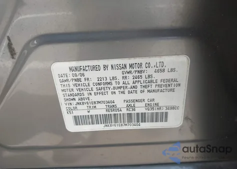 2007 Infiniti G35 Sport z USA, uszkodzony, nr VIN JNKBV61E87M703404